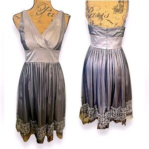 NightWay Elegant Black & Silver Chiffon Lace & Satin A-Line Low Cut Dress Size 6